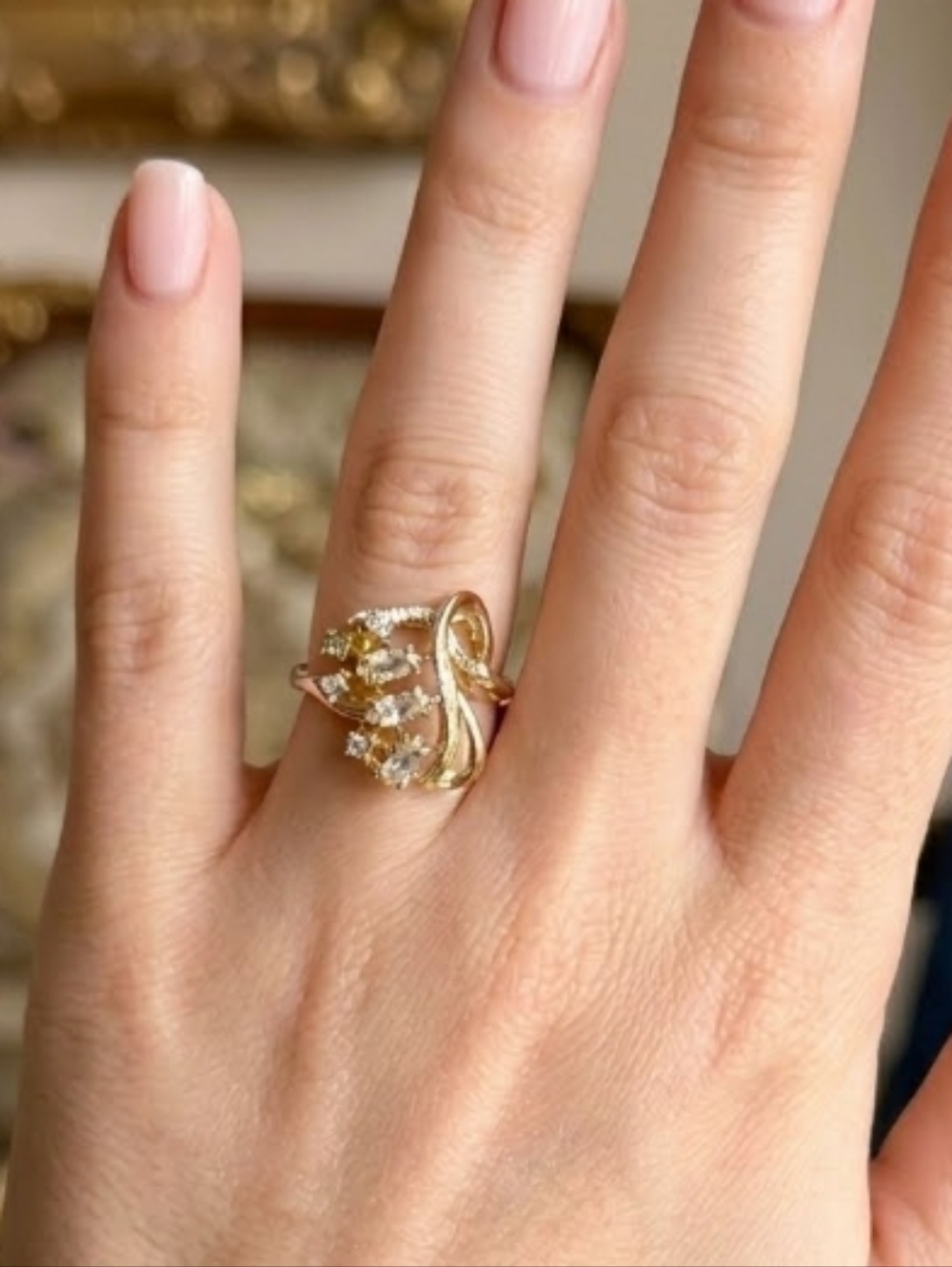Vintage 18K GE CZ Designed Ring Size 7.5 Gold Electroplating Diamond Simulate